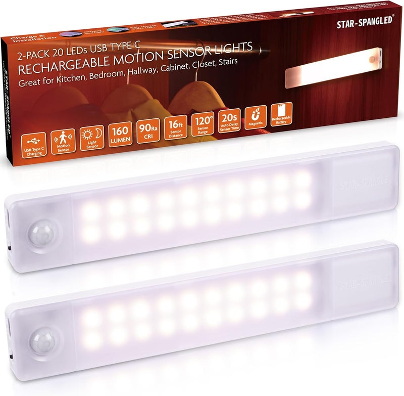 STAR-SPANGLED Under Cabinet Lighting Rechargeable, 8 inch Motion Sensor Lights Indoor Battery Operated, USB Stick on LED Magnetic Closet Light for Counter, Stairs, Kitchen, Warm White, 2 Pack - Image 1